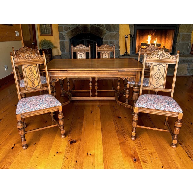 1930s 1930 Solid Oak Draw Leaf Table With Matching Original Chairs For Sale - Image 5 of 12