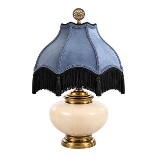 Vintage Ivory Ceramic Urn Table Lamp With Brass Base, Muted Blue Victorian Velvet Shade and Fringe For Sale