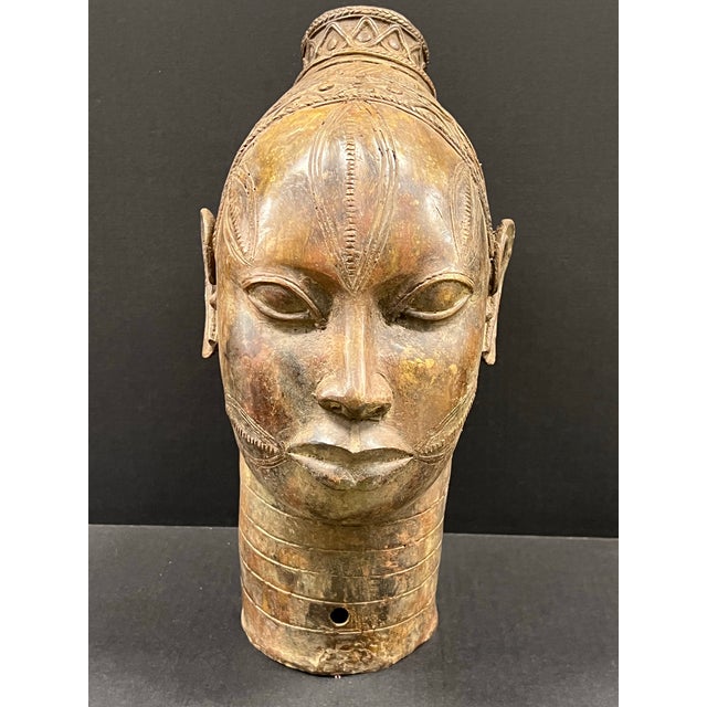 Large Late 20th Century Benin Bronze Oba Head Sculpture African Art Object For Sale - Image 4 of 12