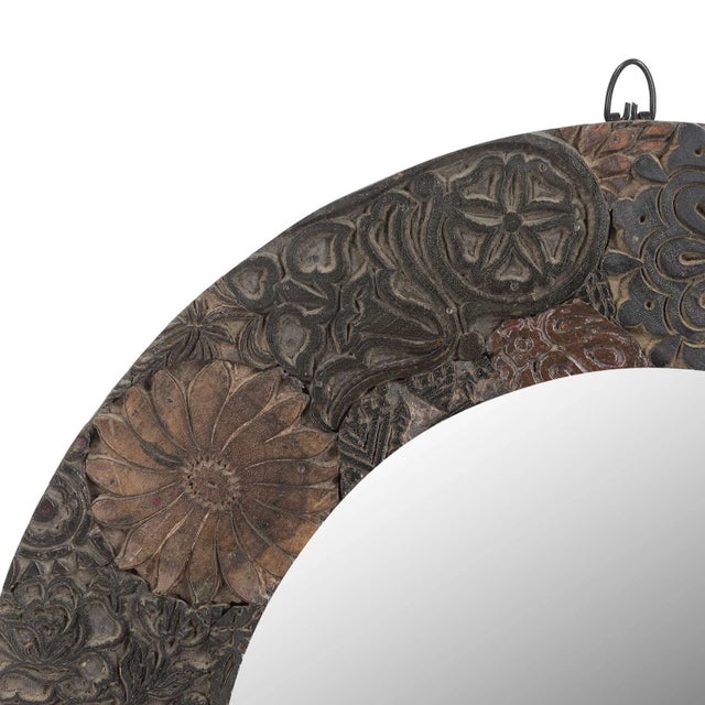 Handcrafted Round Wood Wall Mirror | 22 Inch Repurposed Printing Block Mirror for Entryway | Rustic Farmhouse Decor | Housewarming Gift For Sale In Houston - Image 6 of 8