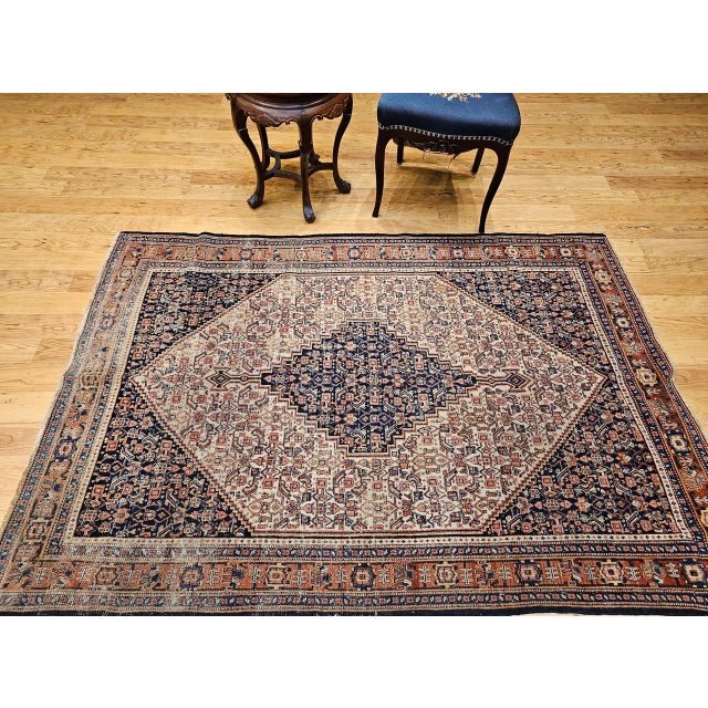 19th Century Antique Persian Senneh Area Rug, Hand-Knotted Wool, Herati Medallion Pattern, Ivory & Navy, 4x6 For Sale - Image 5 of 17