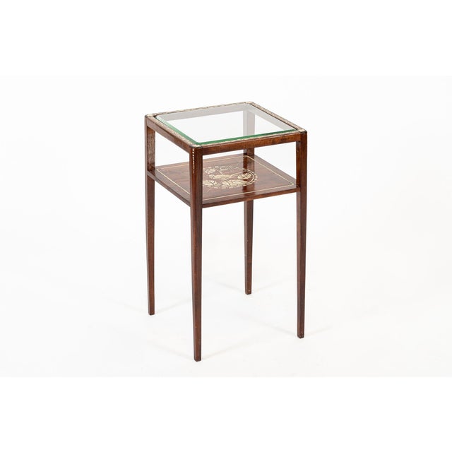 Antique French Art Nouveau Handpainted Mahogany Small Wood & Glass Side Table For Sale - Image 11 of 11