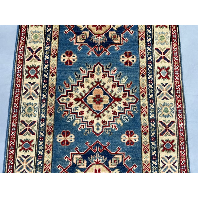 2000 - 2009 Blue and Cream Kazak-Style Wool Runner Rug With Tribal Medallions, 2'8" X 9'7" For Sale - Image 5 of 15