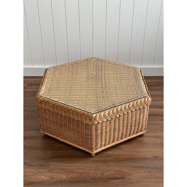 Wood Vintage Coastal Brown Jordan Braided Rattan Hexagonal Coffee Table For Sale - Image 7 of 15