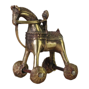 Antique Indian Brass Temple Horse on Wheels With Rider