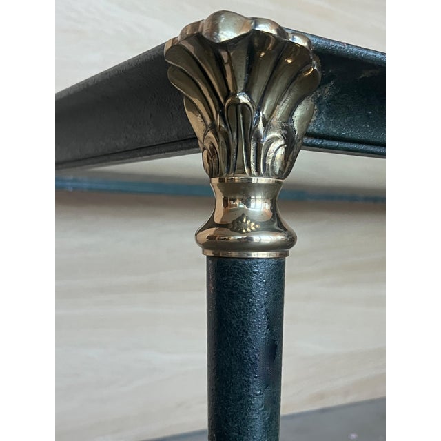 Mid Century Modern Coffee Table in Green Iron with Bronze and Brass Details Beautiful table with beveled frame and glass...