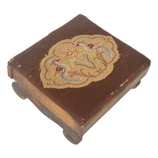 Antique Needlepoint Low Footstool / Ottoman on Wooden Base For Sale