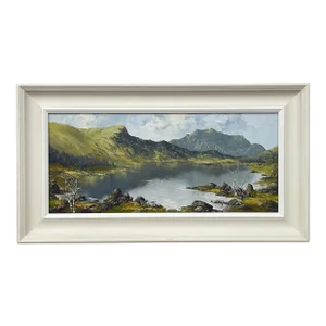 Mountain Lake Landscape Impasto Oil Painting by 20th Century British Artist, Presented in a Fresh Off-White Modern Moulding