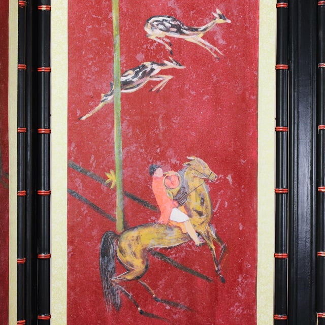 Vintage Chinoiserie Four-Panel Folding Screen – Hand-Painted English Hunting Scene With Black Faux Bamboo Frame For Sale - Image 9 of 17