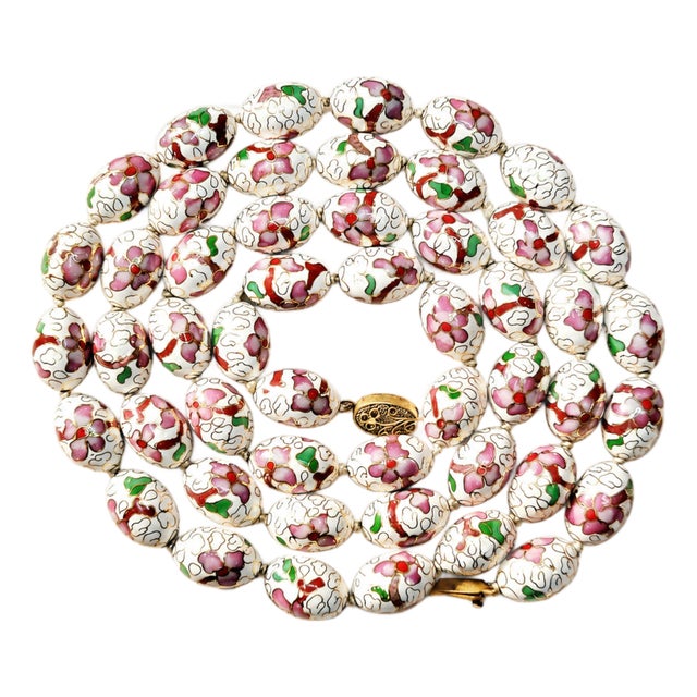 Vintage Art Deco Chinese Hand-Painted Floral Porcelain Necklace, 1930s, 41" For Sale