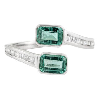 Octagon Emerald Toi Et Moi Bypass Ring With Baguette Diamonds in 14k Gold Size 4 For Sale