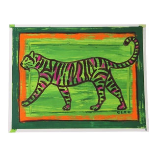 Tiger Minimalism Folk Art Pop Art Green Orange Original Painting Cleo Plowden For Sale