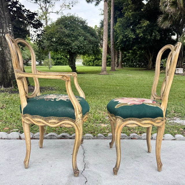 Brown Vintage Rococo Style Wooden Floral Needlepoint Dining Chairs - Set of 4 (No Captain Chair) For Sale - Image 8 of 12