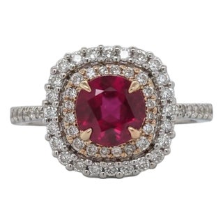 Statement Ruby Ring With a Double Halo of Diamonds: Solid 14k Gold, 6mm, Size 6.75 For Sale