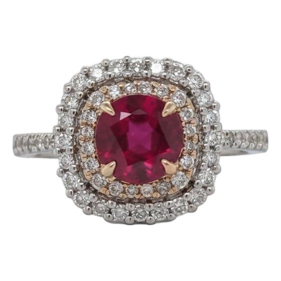 Statement Ruby Ring With a Double Halo of Diamonds: Solid 14k Gold, 6mm, Size 6.75 For Sale