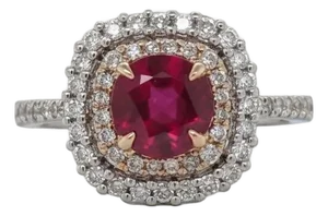 Statement Ruby Ring With a Double Halo of Diamonds: Solid 14k Gold, 6mm, Size 6.75