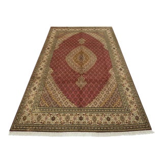 Tabriz Mahi Rug 6’7” X 9’9” Red Wool/Silk Traditional Hand-Knotted Carpet For Sale