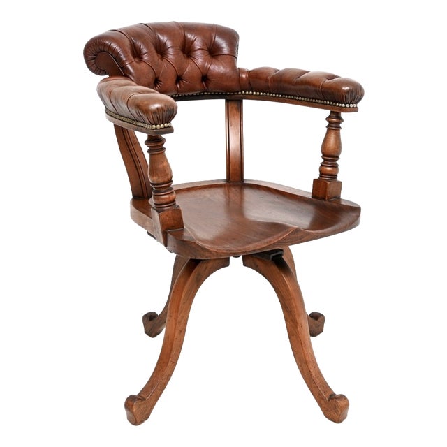 Antique Victorian Oak and Leather Swivel Desk Chair attributed to James Shoolbred, 1880 For Sale
