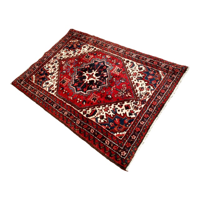 Vintage Persian Heriz Serapi Area Rug in Near Square Size in Red, Ivory, Navy For Sale