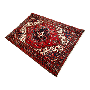Vintage Persian Heriz Serapi Area Rug in Near Square Size in Red, Ivory, Navy