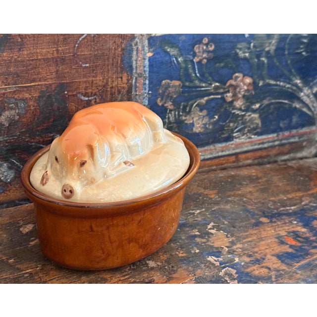 Portuguese Pottery Majolica Pig Pâté Tureen, Covered Casserole in the Style of Secla- Circa 1950. Features a three-...