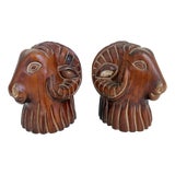Carved Wood Rams Head Bookends by Sarreid Spain 1970s - A Pair For Sale