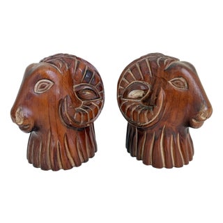 Carved Wood Rams Head Bookends by Sarreid Spain 1970s - A Pair For Sale