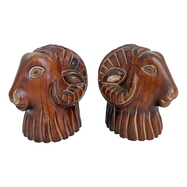 Carved Wood Rams Head Bookends by Sarreid Spain 1970s - A Pair For Sale