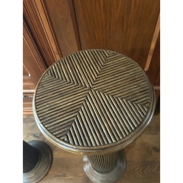 Pencil reed carved column or display pedestal. Rich color with a coastal vibe. Two available.