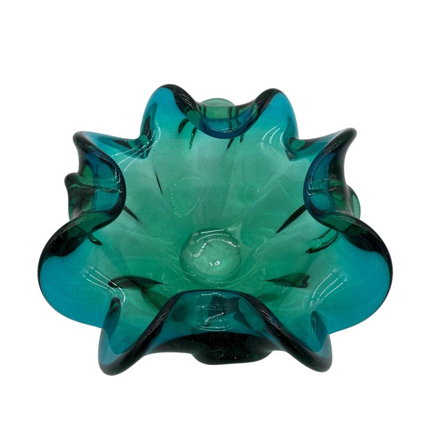 Vintage Italian Murano Teal Green Glass Ruffled Bowl Chairish