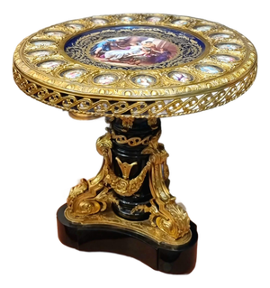 1980s Rococo Black Coffee Table With Gold Leaf Accents & Artistic Inlay Details