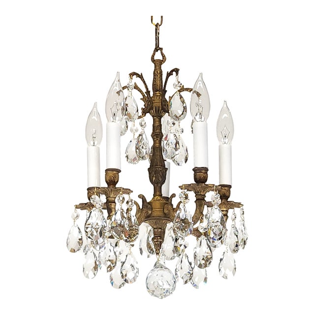 Share Antique Teeny Tiny Twinkling 5 Arm 5 Light Brass Cut Lead Crystal Chandelier ~ Rewired ~ Restored ~ Rejuvenated ~ Ready to Hang ~ For Sale