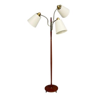 Swedish Modern, Adjustable Floor Lamp, Teak, Brass, Fabric, Sweden, 1970s For Sale