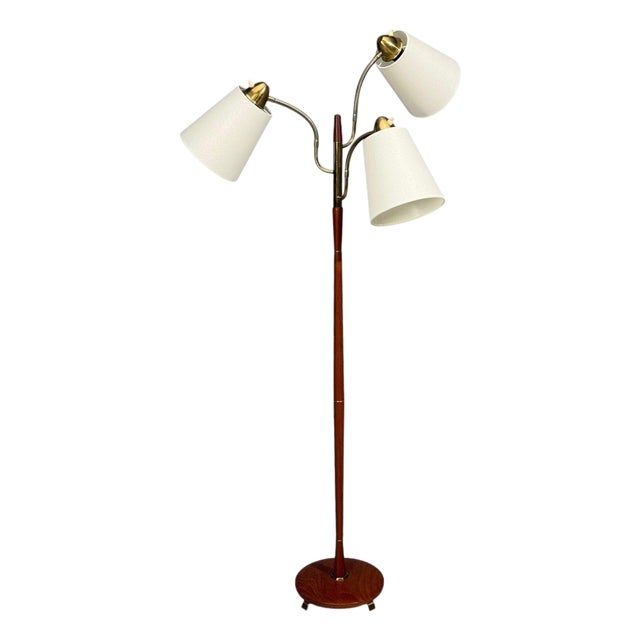 Swedish Modern, Adjustable Floor Lamp, Teak, Brass, Fabric, Sweden, 1970s For Sale