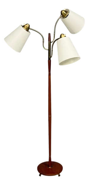 Swedish Modern, Adjustable Floor Lamp, Teak, Brass, Fabric, Sweden, 1970s