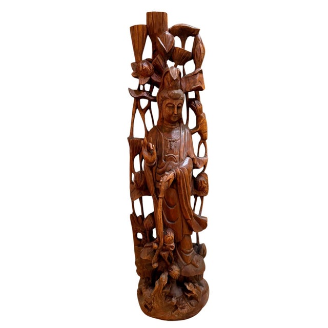 Chinese Vintage Chinese Carved Wood Guanyin Kuan Yin Lotus Birds Sculpture 23.75" For Sale - Image 3 of 15