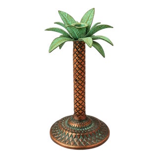 Vintage Palm Tree Candle Holder | Sculptural Copper-Tone Metal & Turquoise Patina | Hollywood Regency For Sale