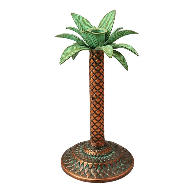 Vintage Palm Tree Candle Holder | Sculptural Copper-Tone Metal & Turquoise Patina | Hollywood Regency For Sale