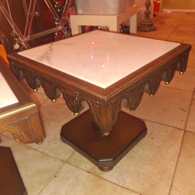 1910s 1910-20 Italian Venetian Regency Carved Mahogany/ Gilt Marble Topped Side/ Accent Tables a - Pair For Sale - Image 5 of 12