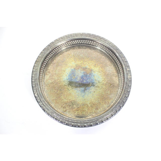 1960s Vintage Silver Round Gallery Tray With Pierced Cutout Details and Etched Design Drinks Serving For Sale - Image 5 of 7