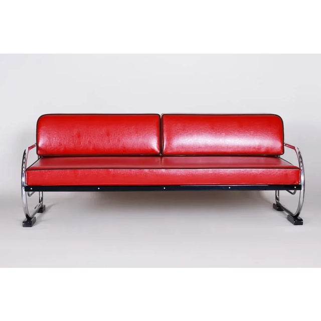 Red Bauhaus Red Chrome-Plated Tubular Steel Sofa attributed to Robert Slezák, 1930s For Sale - Image 8 of 9