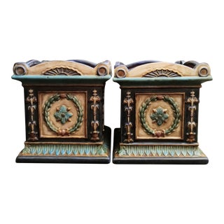 Majolica Style Navy Blue, Green Laurel Wreath Detailed Ceramic Planter Pots- a Pair For Sale