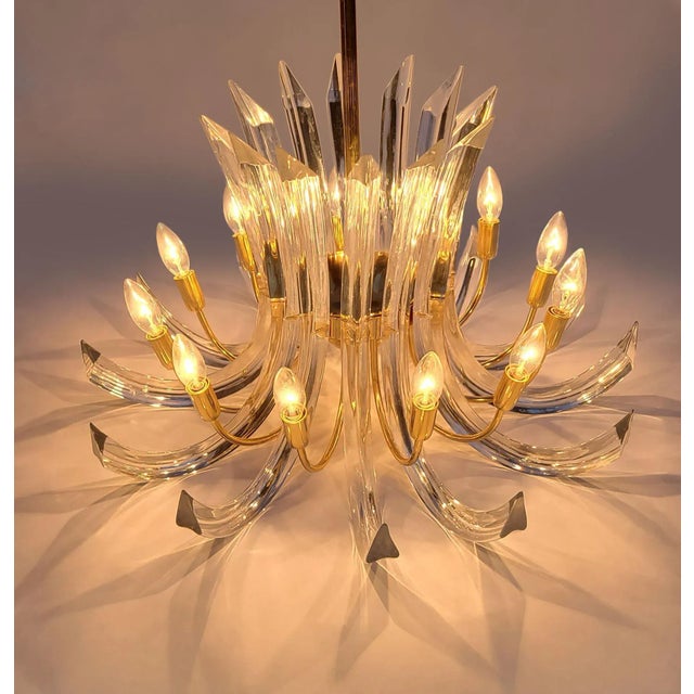 Metal Curved Italian Murano Crystal Rib Prism Chandelier & Sconces in the Manner of Venini For Sale - Image 7 of 11