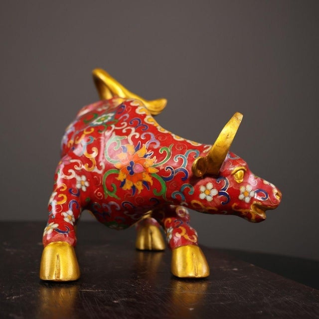 Late 20th Century Vintage Cloisonné Enamel Golden Ox Statue With Floral Motif For Sale - Image 5 of 9