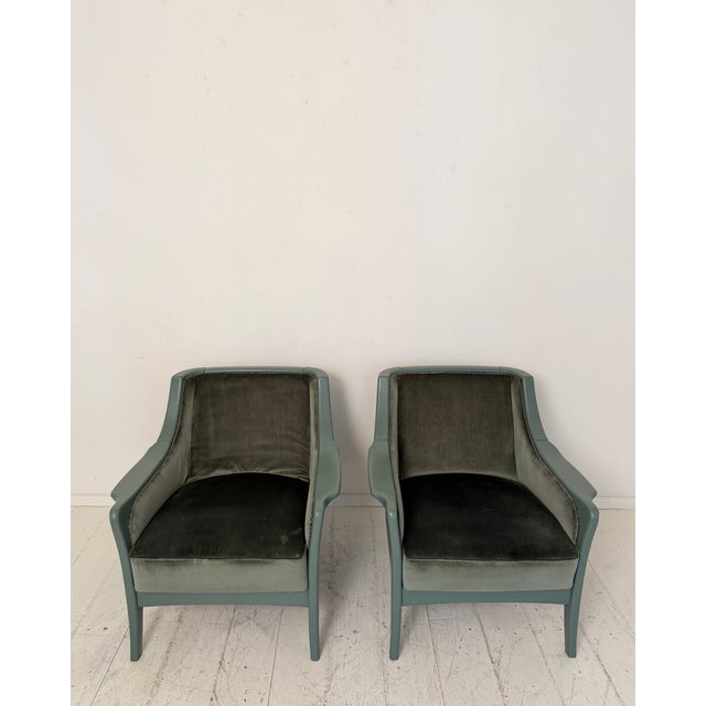Mid-Century Modern French Lounge Chairs in Green Velvet and Lacquered Wood, 1950, Set of 2 For Sale - Image 4 of 17