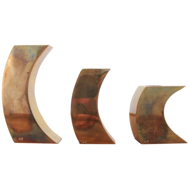 Signed Suite of Three Solid Patinated Bronze Candle Holders, France, 1970s For Sale - Image 9 of 9
