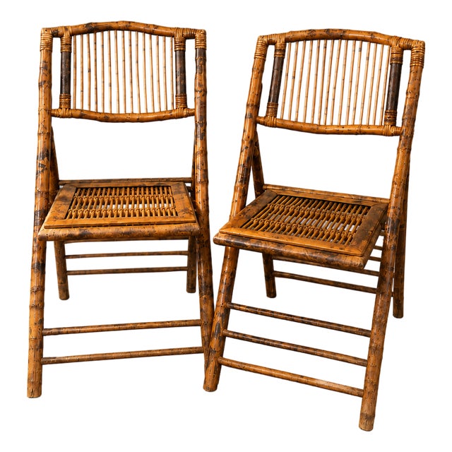 1950s Boho Chic Bamboo & Rattan Folding Chairs, Pair For Sale