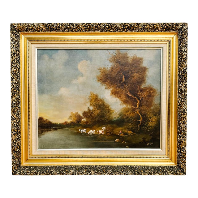 Mid-Century Tonalist Pastoral Landscape Oil on Canvas Painting by Ramirez For Sale