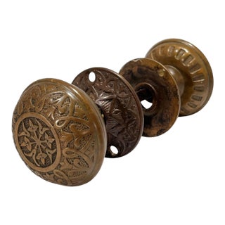 1870s Antique American Bronze Door Knobs With Rosettes - A Pair For Sale