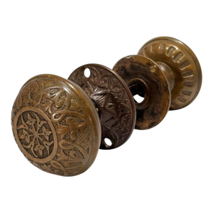 1870s Antique American Bronze Door Knobs With Rosettes - A Pair